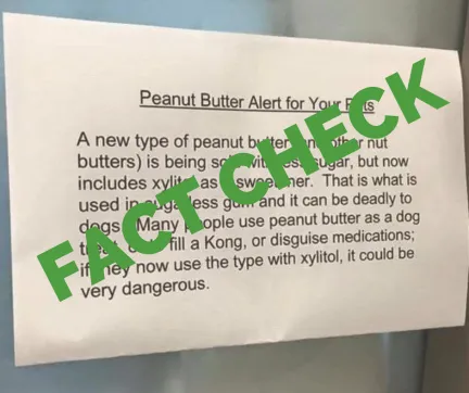 fact check overwritten on a picture of a typed sign that has been doing the rounds on social saying that peanut butter contains xylitol and is toxic to dogs