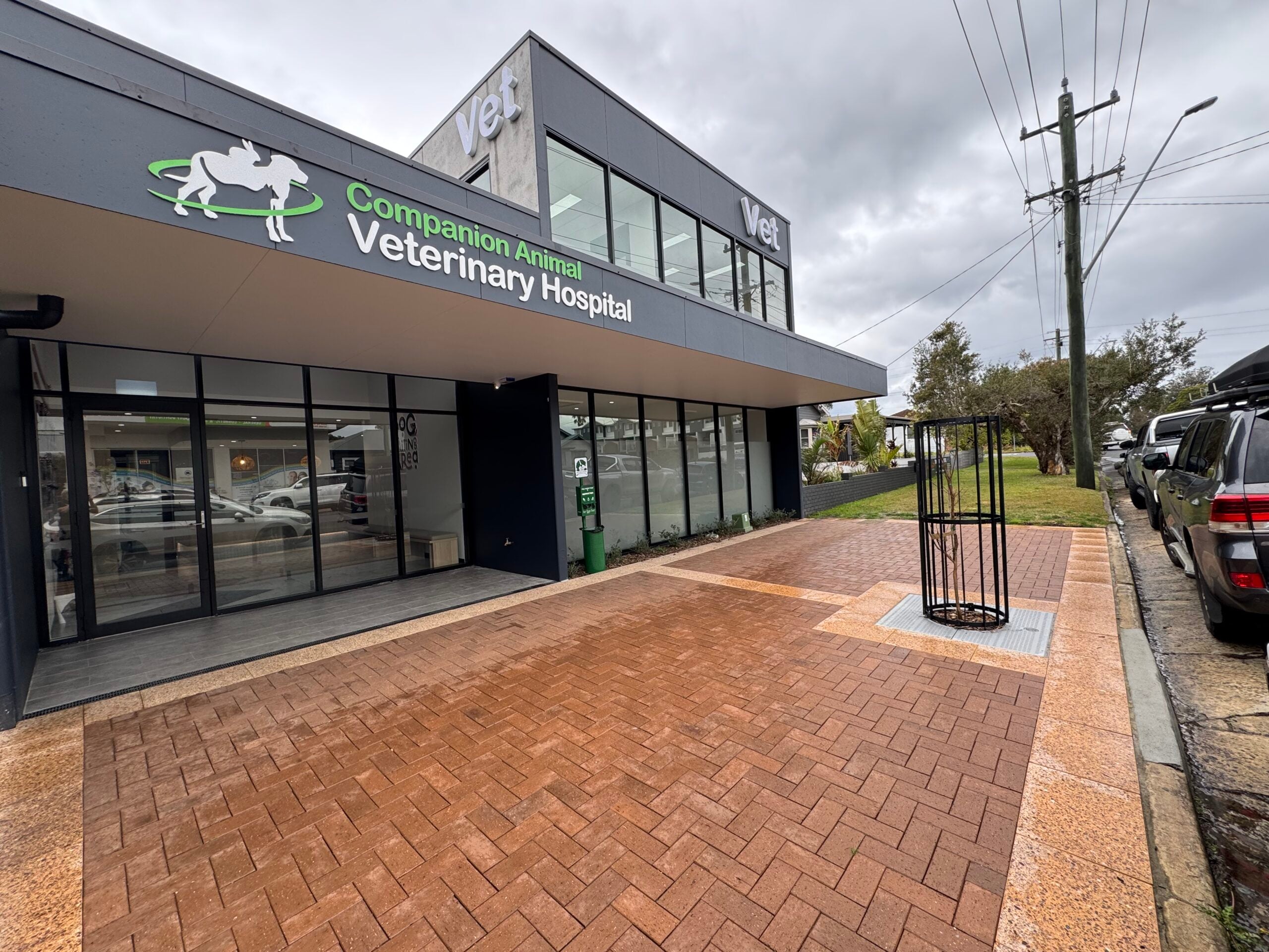 The front entrance to companion animal vets witha paved footpath, tree out the front